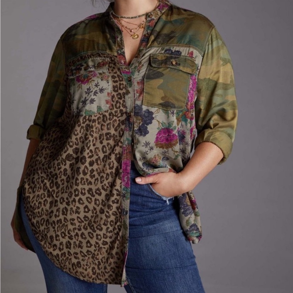 Anthropologie Pilcro Blouse Top Leopard with Floral Print Medium Petite NWT